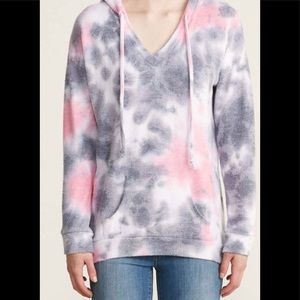 Theo & Spence Brushed Knit Sunset Smoke Marble Tie-Dye V- Neck Longline Hoodie
